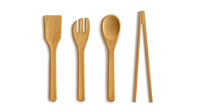 Free Vector 3d realistic wooden spoon and fork kitchen cutlery