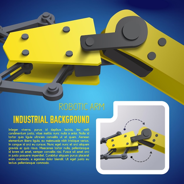 Free vector 3d realistic yellow robots arm with industrial background description and detail of robotic arm