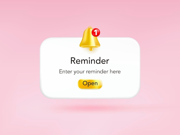 3D reminder notifications page with golden bell and floating elements