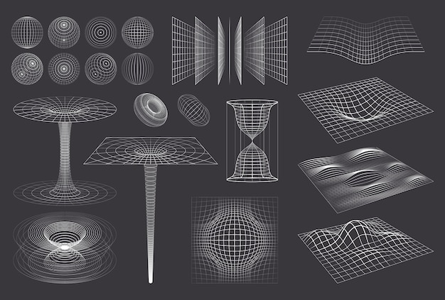 Free Vector 3d shapes grid set with isolated monochrome images of wireframe spheres curves vortex and cumbersome waves vector illustration