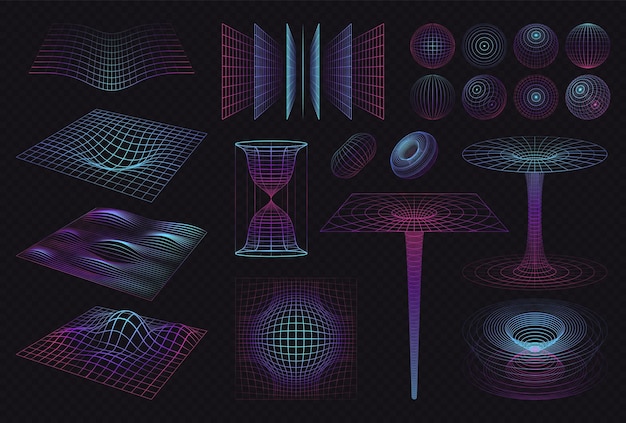 Free Vector 3d shapes set with isolated neon colored illuminating grids waves and spectrum patterns on dark background vector illustration