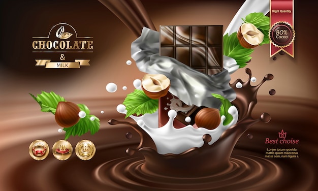 3D splashes of melted chocolate and milk with falling pieces of chocolate bars.