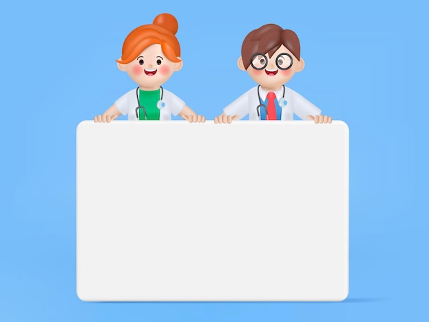 Free vector 3d vector illustration cartoon cute doctor woman and man character presenting a white blank placard.