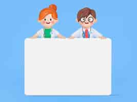 Free vector 3d vector illustration cartoon cute doctor woman and man character presenting a white blank placard.