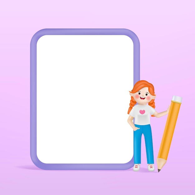 Free vector 3d vector illustration cartoon cute woman character to writing on white screen.