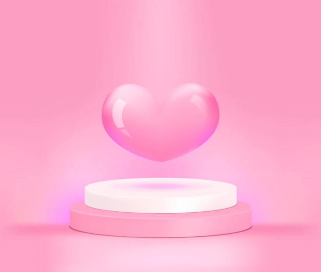 3d vector Product display podium with glossy heart balloon on pink background.