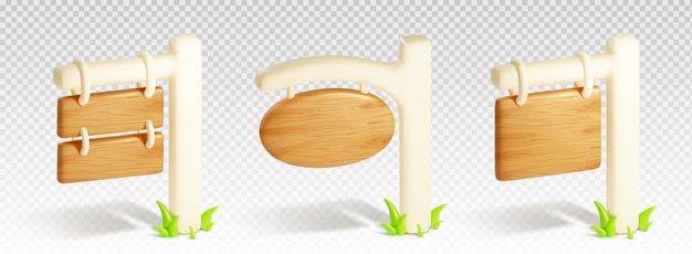 Free Vector 3d wood travel road signboard isolated vector wooden signpost with white pillar timber plank and rope for village location or highway illustration destination guide on pole object collection