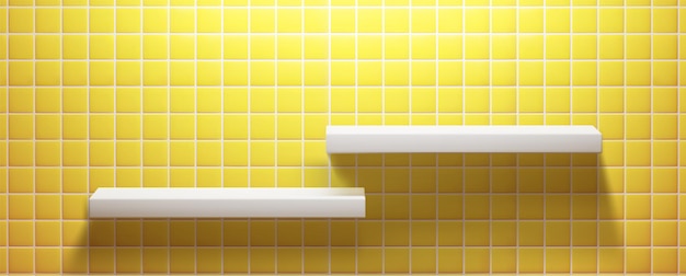 Free Vector 3d yellow kitchen shelf on tile wall background