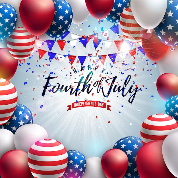 4th of July Independence Day of the USA Design with American Flag Pattern Party Balloon and Confetti