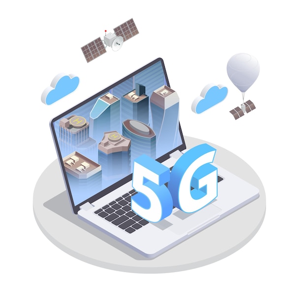 5g high speed internet isometric composition with round platform and image of laptop with 5g elements