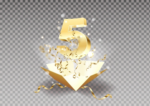 5th year anniversary room and open the gift box with explosions of confetti isolated design element Template five the celebration of the fifth birthday on a transparent background vector