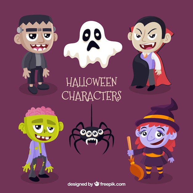 6 cute halloween characters on a purple background