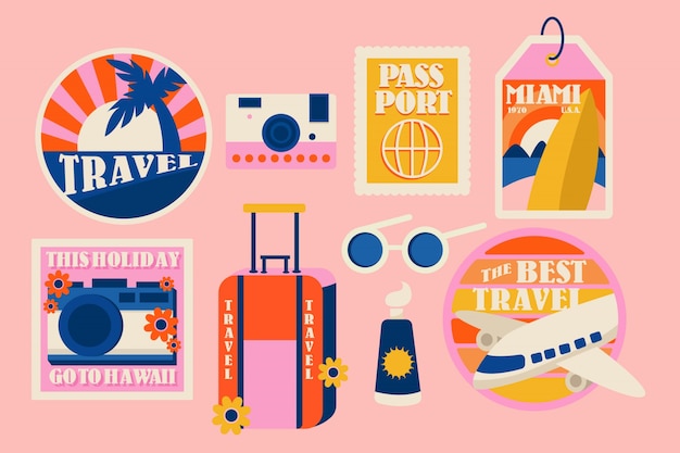 Free Vector 70s style travel sticker collection