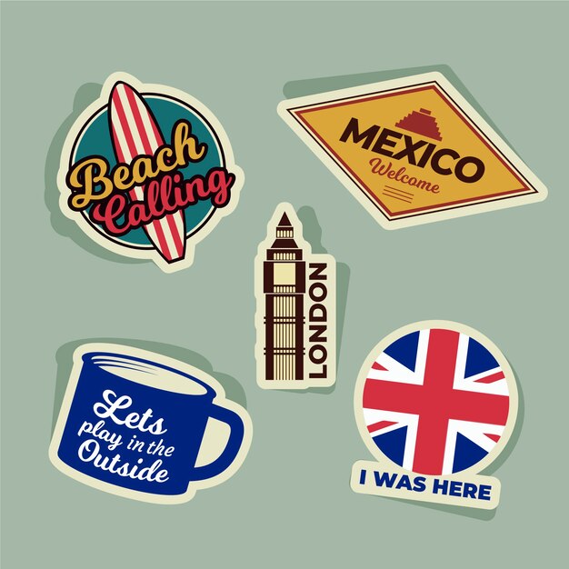 70s style travel sticker collection