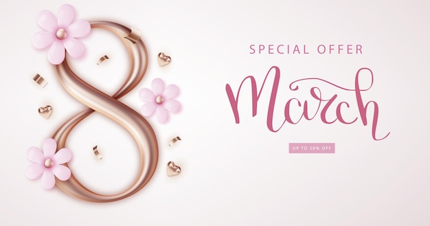 Free Vector 8 march banner with golden 3d number and pink realistick flower international women's day poster