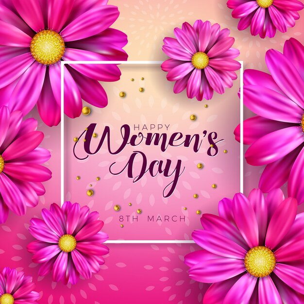 8 March. Women's Day Celebration Design with Flower and Typography Letter