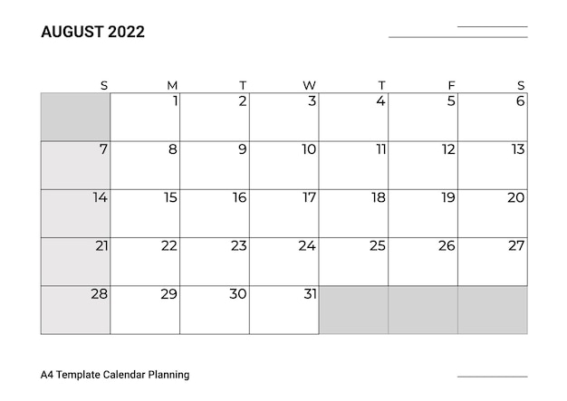 A4 Template Calendar Planning August