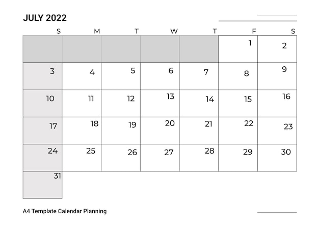 A4 Template Calendar Planning July