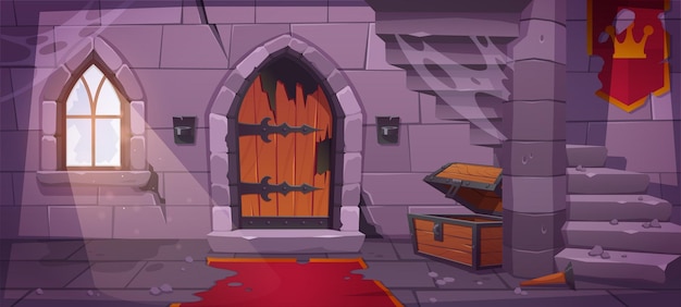 Free Vector abandoned castle dungeon broken door and chest