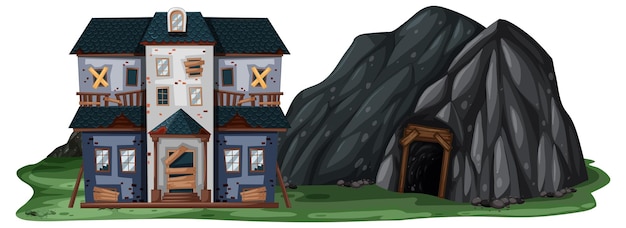 An abandoned house with a rock cave on white background