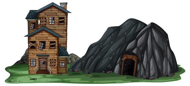 An abandoned house with a rock cave on white background