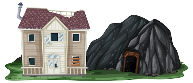 Free Vector an abandoned house with a rock cave on white background