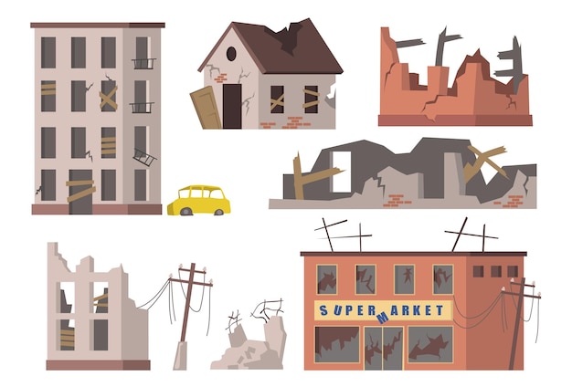 Free Vector abandoned houses set. old ruined city buildings, apartment houses and supermarkets debris, torn power lines.