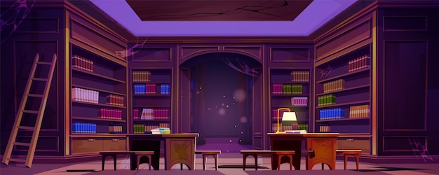 Free vector abandoned library with old books on dusty shelves and working desks with lamps vector cartoon illustration of large room with bookshelves and walls covered with cobweb haunted archive interior