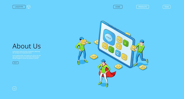 About us web page with contacts for customer support team community feedback Vector template of modern company landing page with isometric people and tablet with call and chat icons