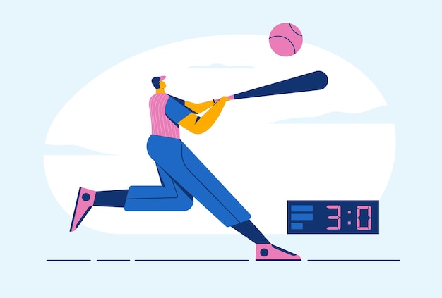 Free Vector abstract baseball player man with ball performing batter with bat, 3 score on board