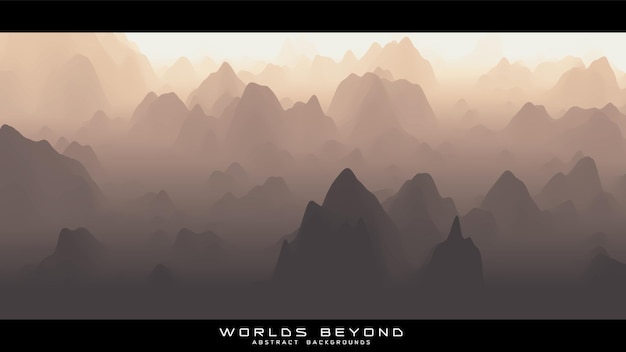 Abstract beige landscape with misty fog till horizon over mountain slopes. Gradient eroded terrain surface. Worlds beyond.