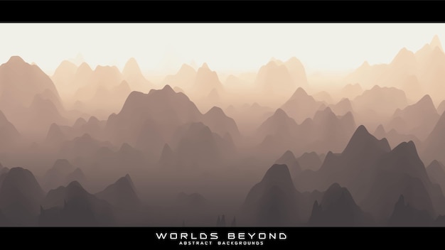 Abstract beige landscape with misty fog till horizon over mountain slopes.