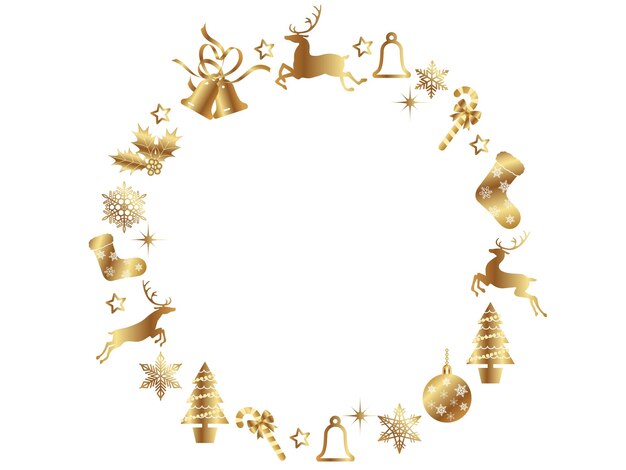 Abstract Christmas Gold Vector Wreath Frame With Christmas Charms Isolated On A White Background.