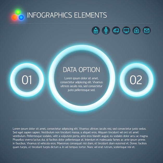 Abstract digital geometric infographics with blue neon glowing circles two options text and icons isolated vector illustration