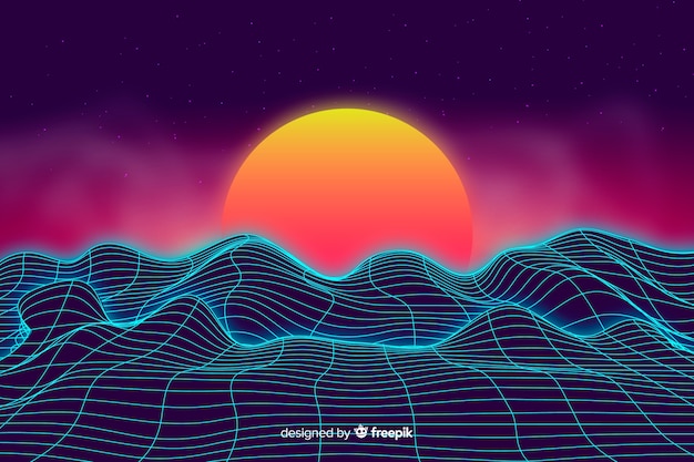 Abstract digital landscape with sunset background