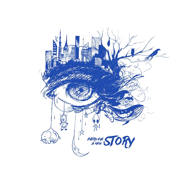 Abstract exposure sketch of an eye with urban city Hand Drawn Sketch Vector illustration