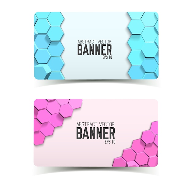 Abstract geometric horizontal banners with blue and pink hexagons