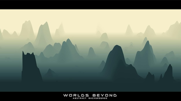 Abstract green landscape with misty fog till horizon over mountain slopes. Gradient eroded terrain surface. Worlds beyond.