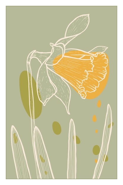 Abstract line art of daffodil flower with color splats Daffodil contour drawing Minimal flower illustration