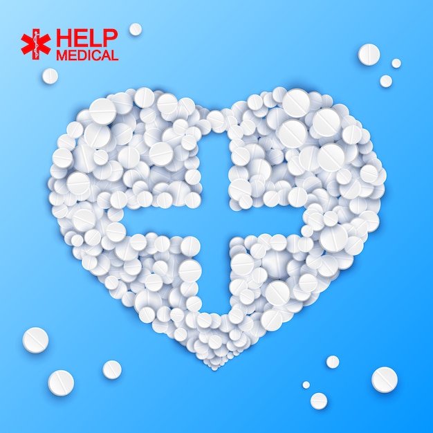 Abstract medicine template with cross heart shape from pills on light blue illustration