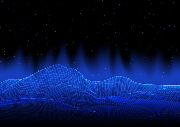 Abstract modern background with wireframe landscape against a starry sky