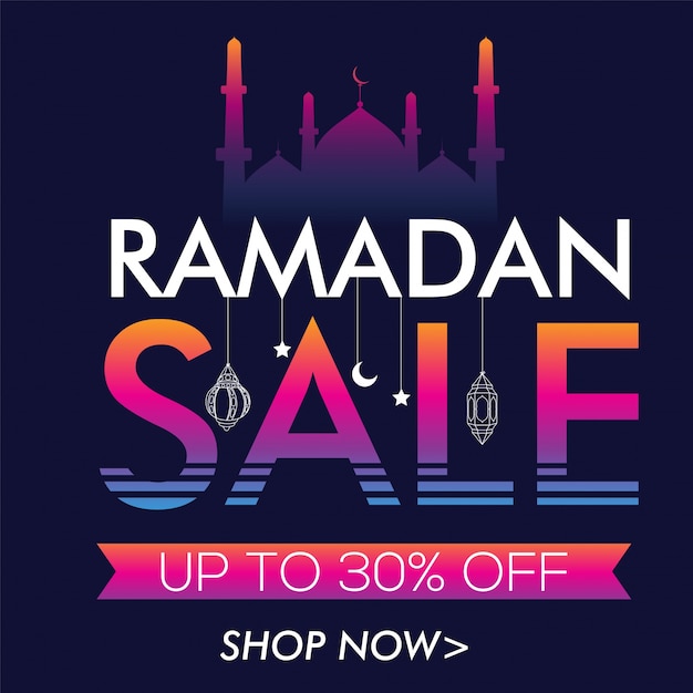  Abstract Sale lettering with hanging lamps, Creative poster, banner or flyer design for Islamic Holy Month, Ramadan Kareem celebration. 