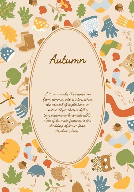 Abstract seasonal colorful template with text in oval frame and autumn elements on light