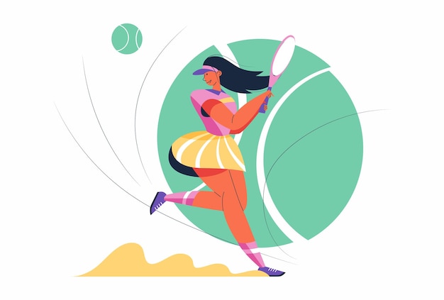 Abstract Tennis athlete female with a racket and ball in cartoon character