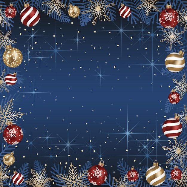 Abstract Vector Frame Illustration With Christmas Balls And Luminous Blue Background.