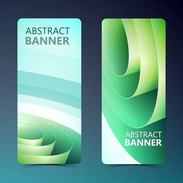 Abstract vertical banners with green wrapping rolled paper coil in light style isolated