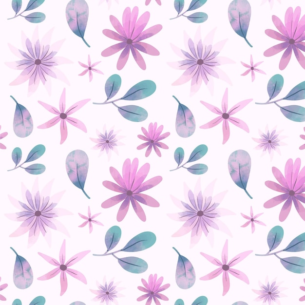 Abstract watercolor flowers pattern with leaves