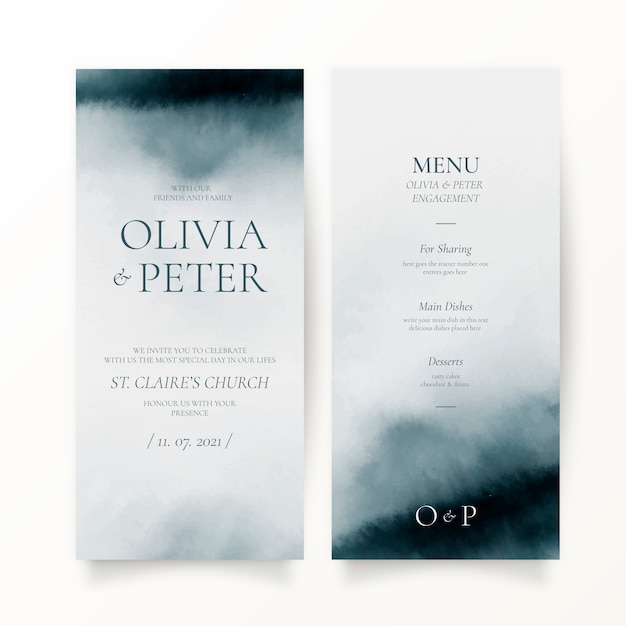 Abstract watercolor wedding invitation and menu template