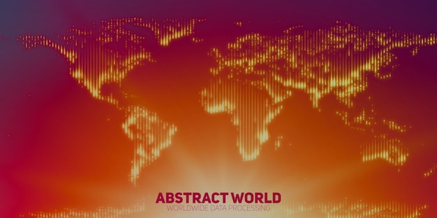 Free vector abstract world map constructed of glowing points. continents with a flare in the bottom