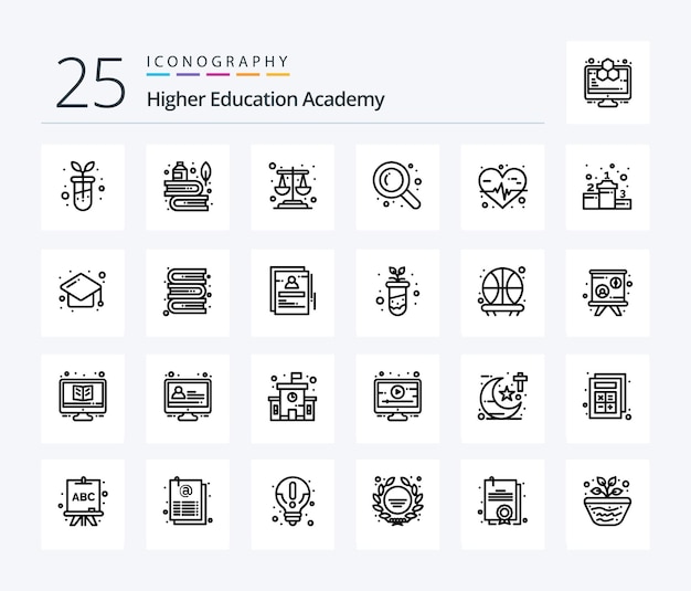 Free Vector academy 25 line icon pack including achievement heart rate balance heart search